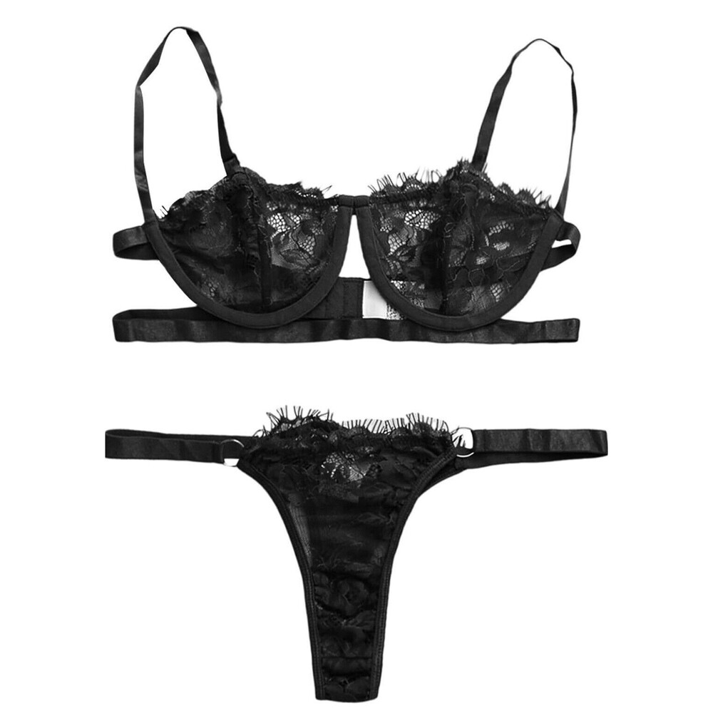 Lilosy Sexy Eyelash Underwire Floral Lace Sheer Lingerie Set. Size Medium.